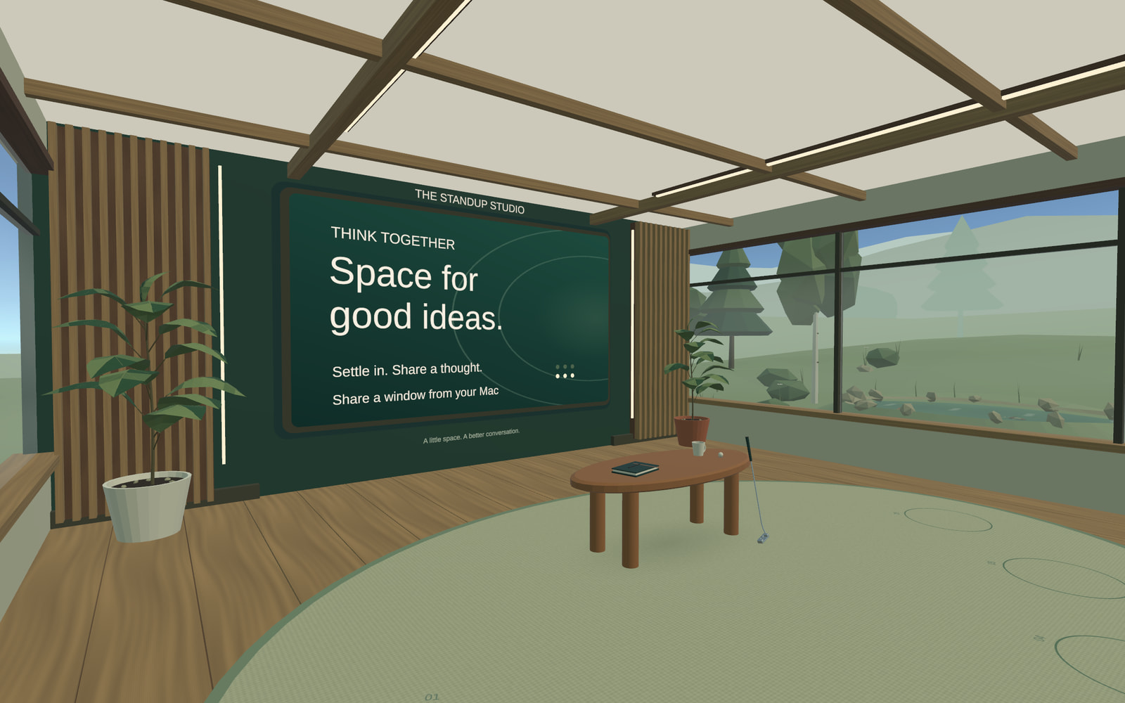 An angled view of the actual Unity room, showing timber slats, a low gathering table, indoor plants, and marked standing places.
